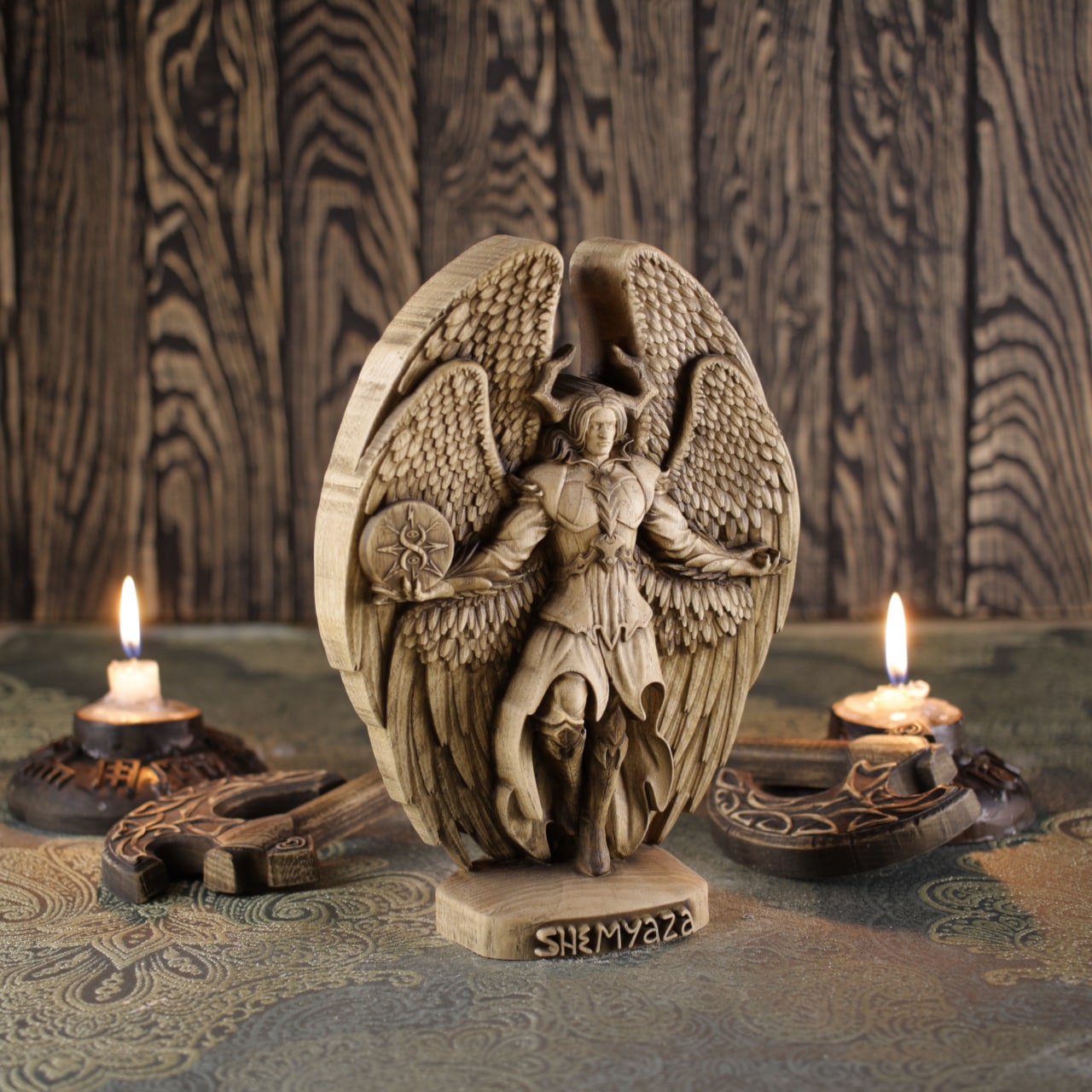 Shemyaza Fallen Angel Statue - The Wooden Satan Figurine