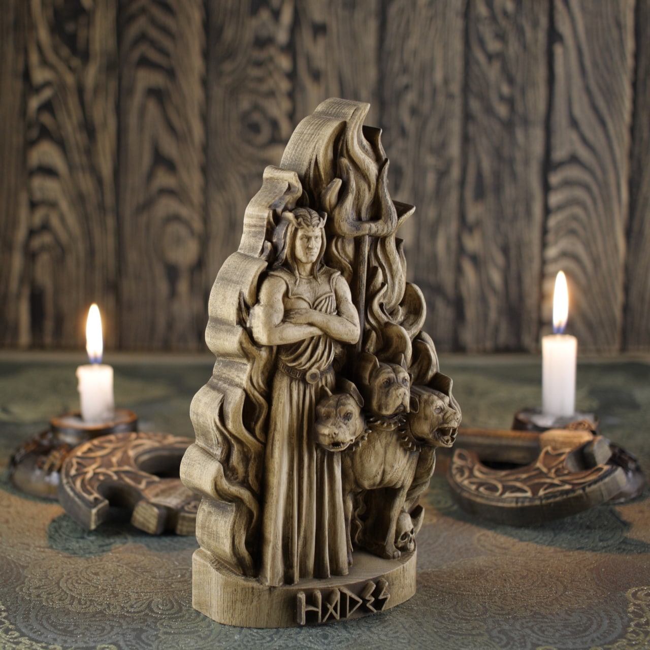 Hades, Greek god statue, Wood carving