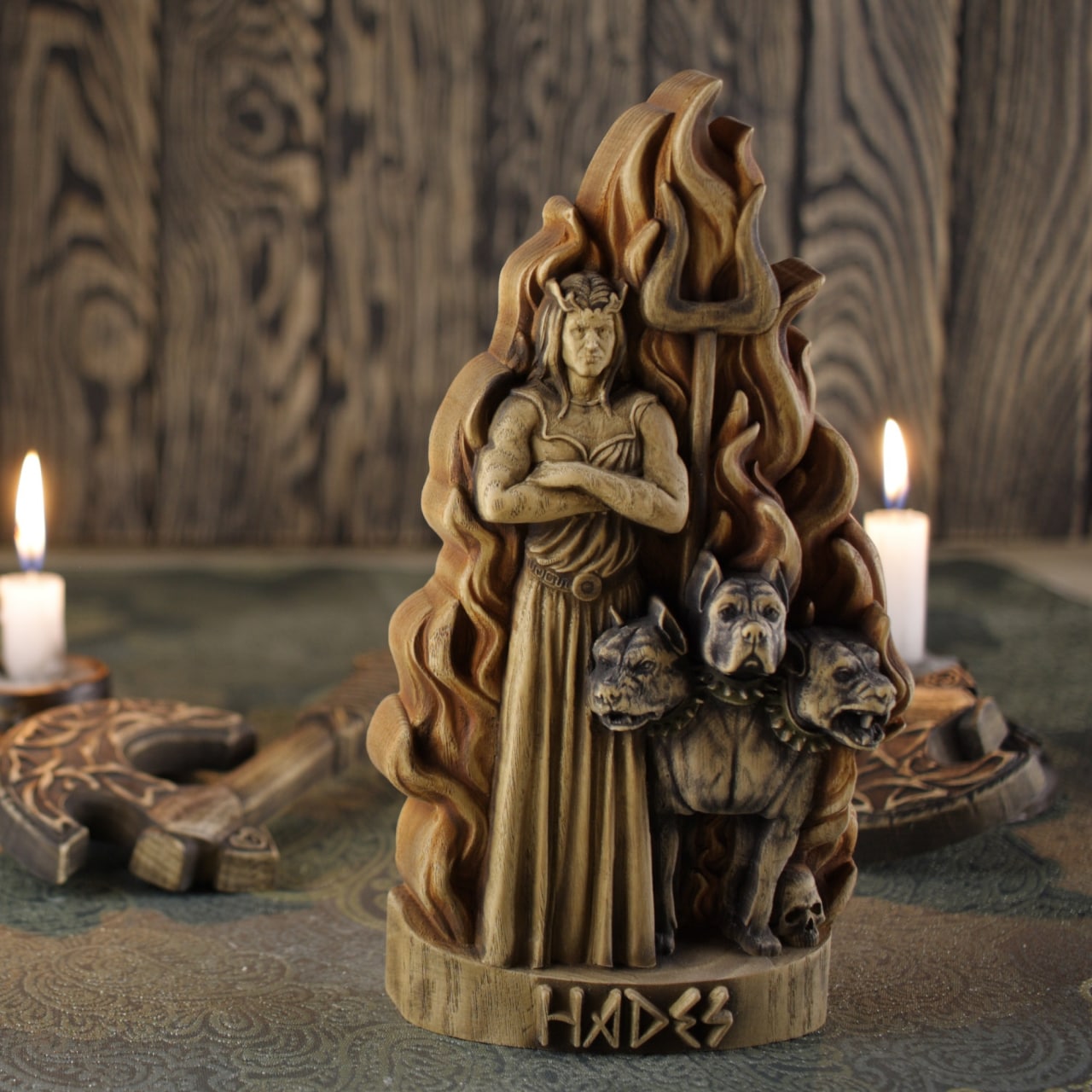 Hades, Greek god statue, Wood carving