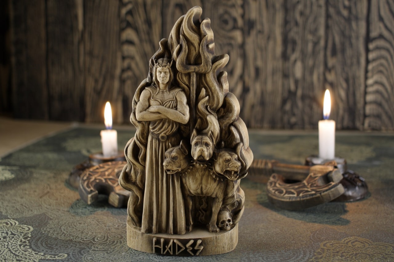 Hades, Greek god statue, Wood carving