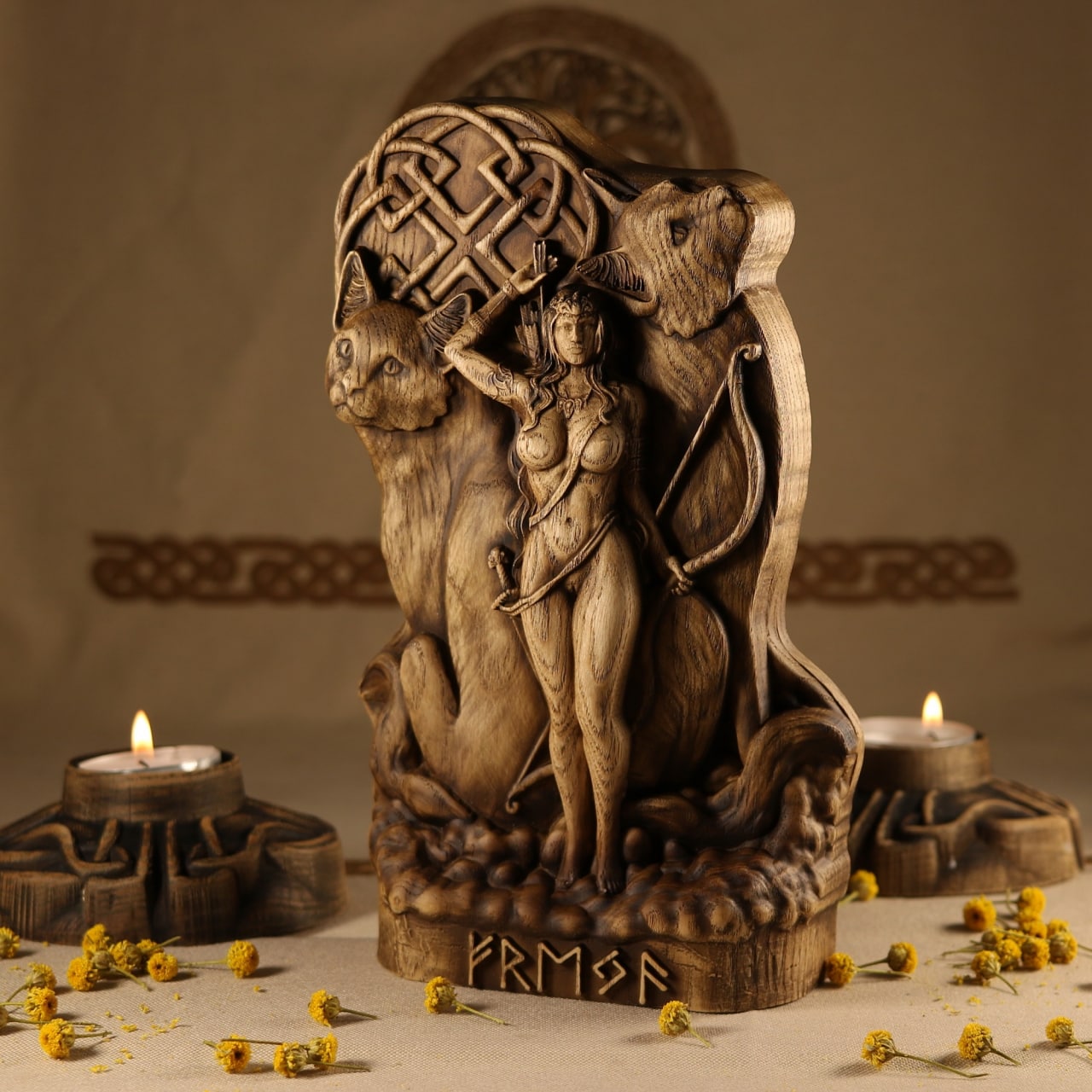 Freya and Cats Wooden Statue for Asatru Altar