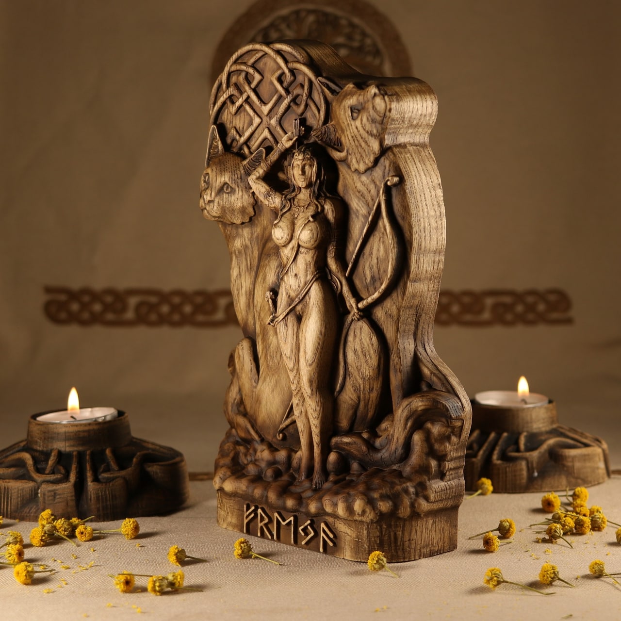 Freya and Cats Wooden Statue for Asatru Altar