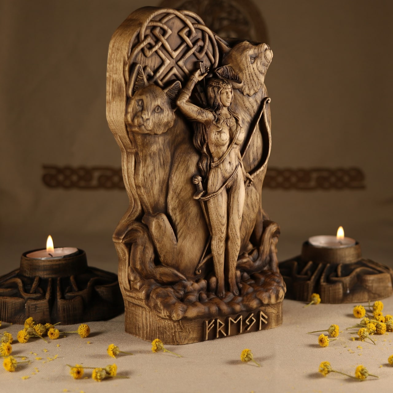 Freya and Cats Wooden Statue for Asatru Altar