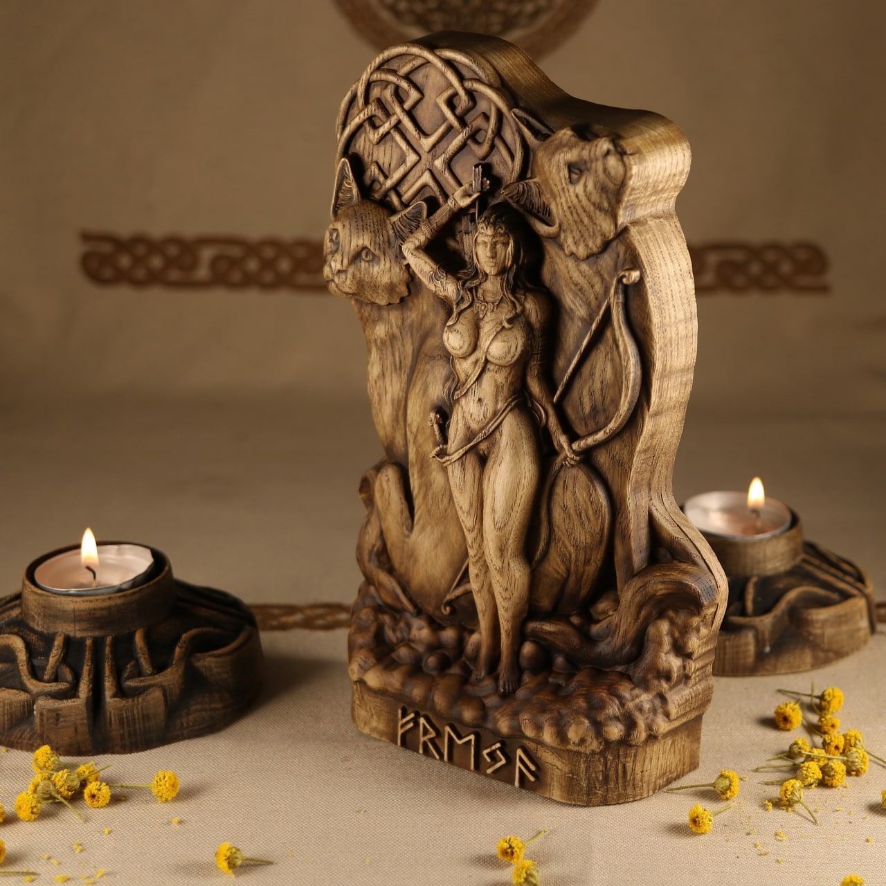 Freya and Cats Wooden Statue for Asatru Altar