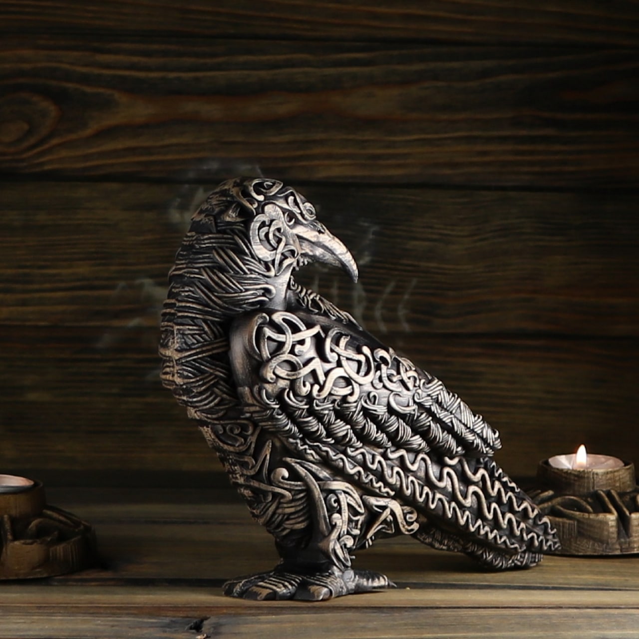The raven, handmade norse pagan, wooden statue carving