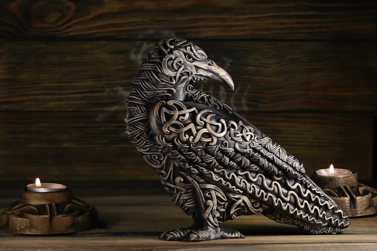 The raven, handmade norse pagan, wooden statue carving
