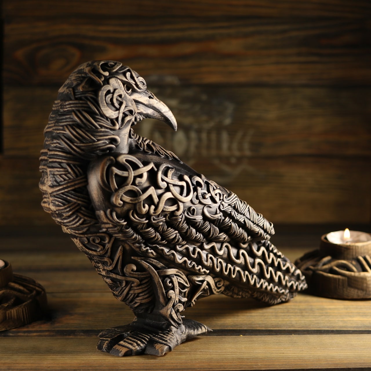 The raven, handmade norse pagan, wooden statue carving