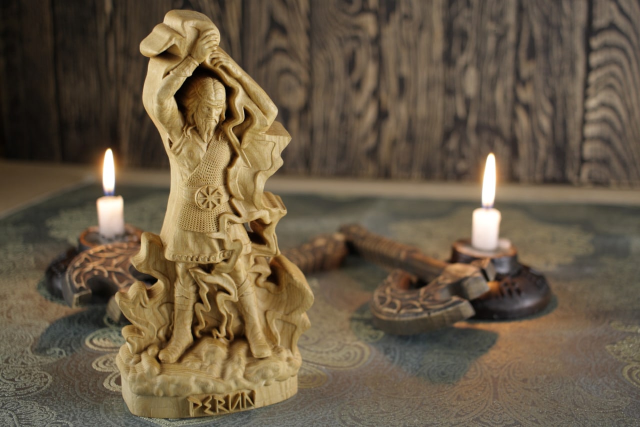 Wooden Perun Statue - Hand Carved Wooden Sculpture of the Slavic God