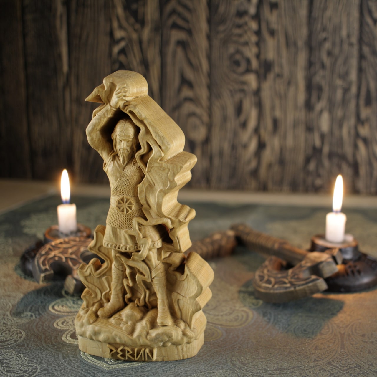 Wooden Perun Statue - Hand Carved Wooden Sculpture of the Slavic God