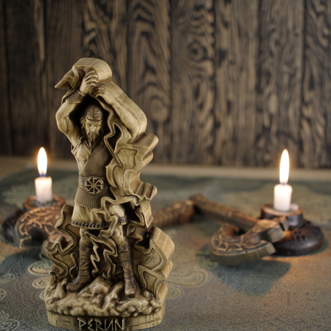 Wooden Perun Statue - Hand Carved Wooden Sculpture of the Slavic God