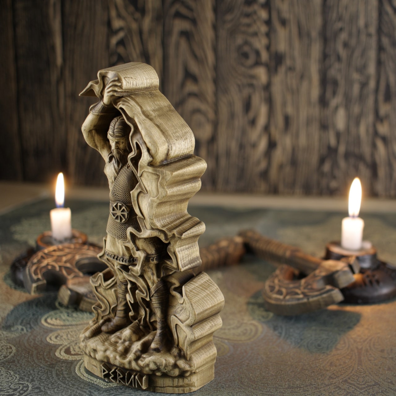 Wooden Perun Statue - Hand Carved Wooden Sculpture of the Slavic God