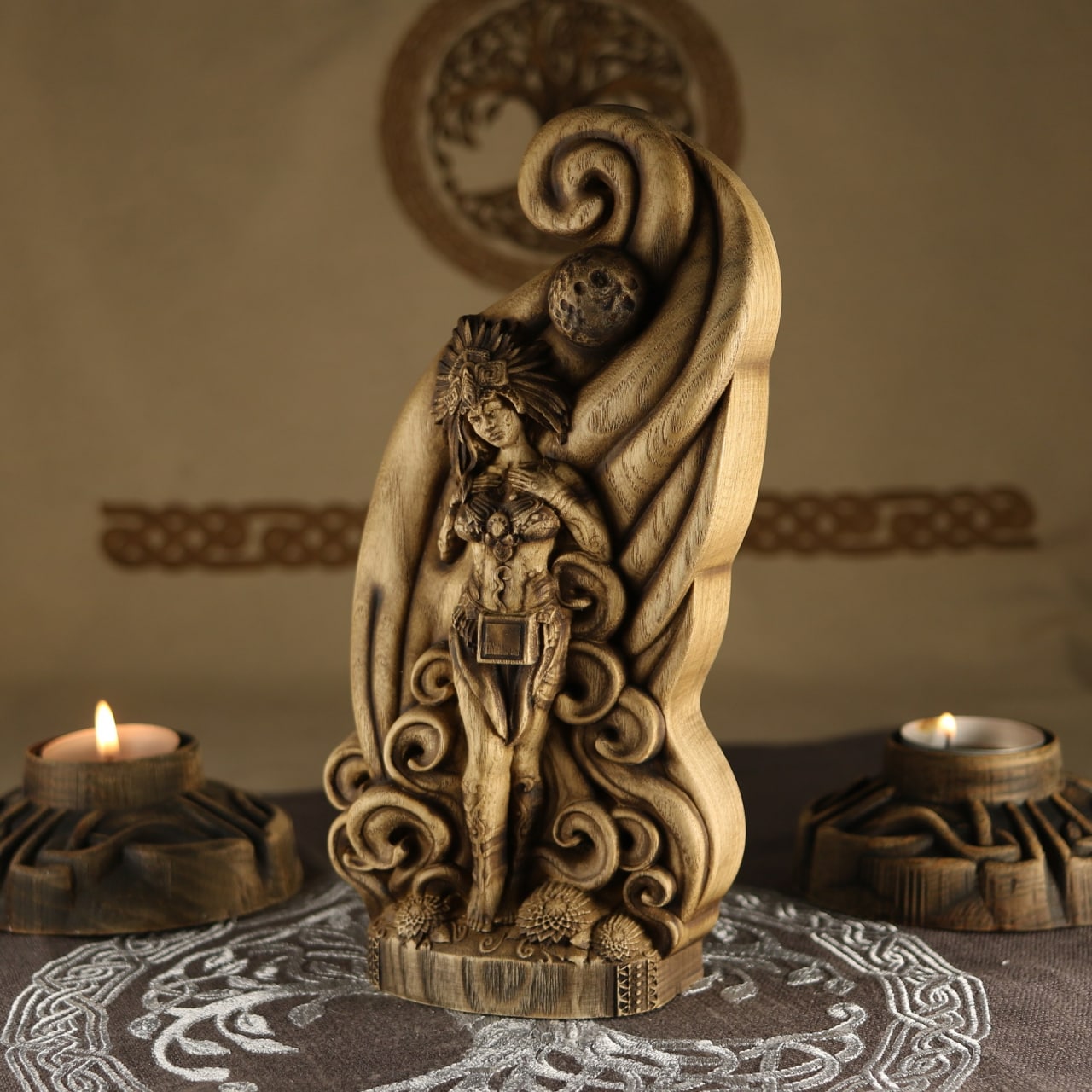 Wooden Xochiquetzal Statue - Aztec Statue Goddess of Fertility, Beauty and Love