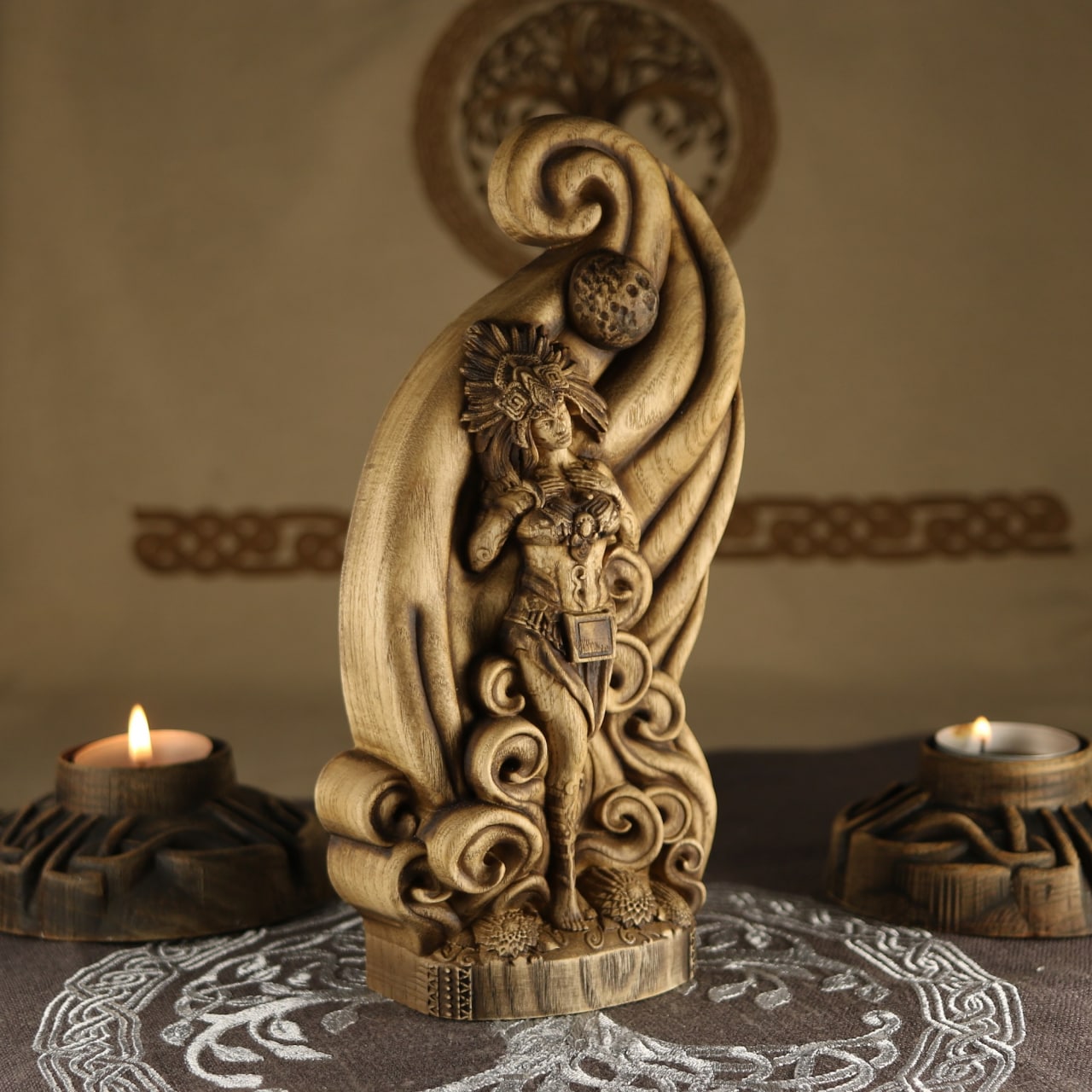 Wooden Xochiquetzal Statue - Aztec Statue Goddess of Fertility, Beauty and Love