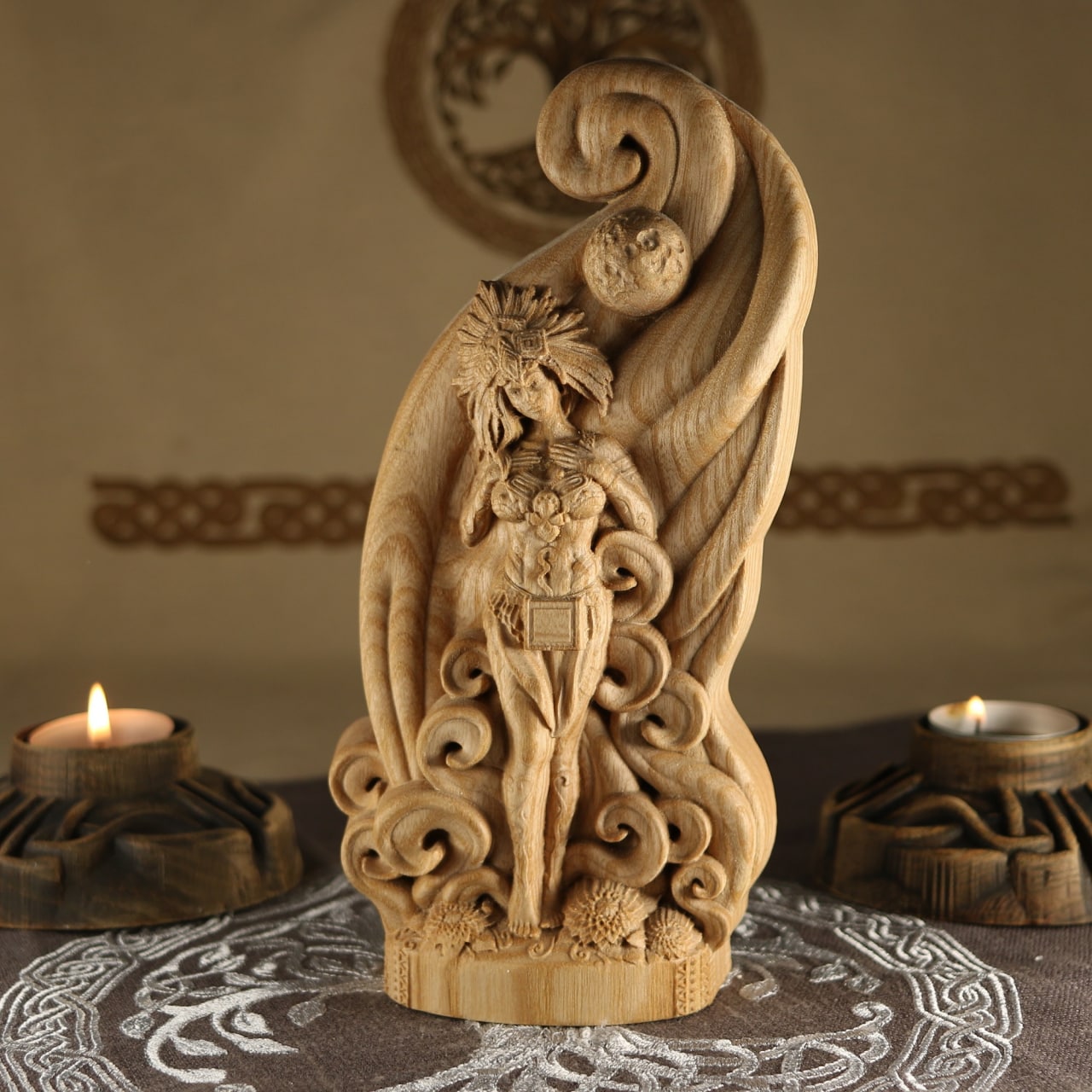 Wooden Xochiquetzal Statue - Aztec Statue Goddess of Fertility, Beauty and Love
