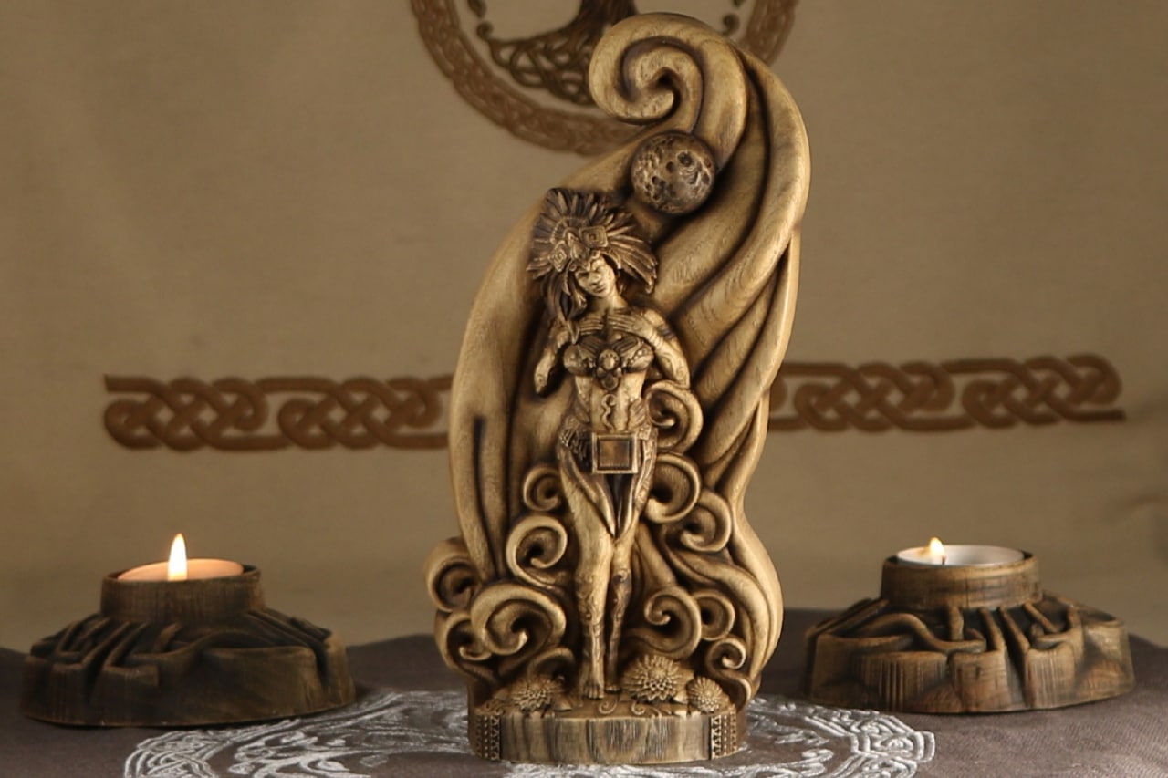 Wooden Xochiquetzal Statue - Aztec Statue Goddess of Fertility, Beauty and Love