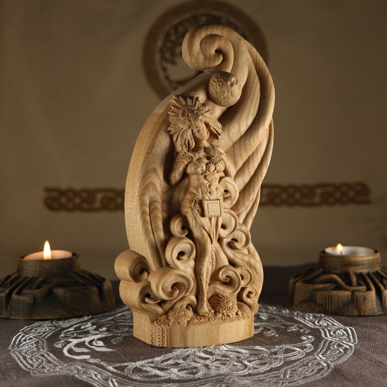 Wooden Xochiquetzal Statue - Aztec Statue Goddess of Fertility, Beauty and Love