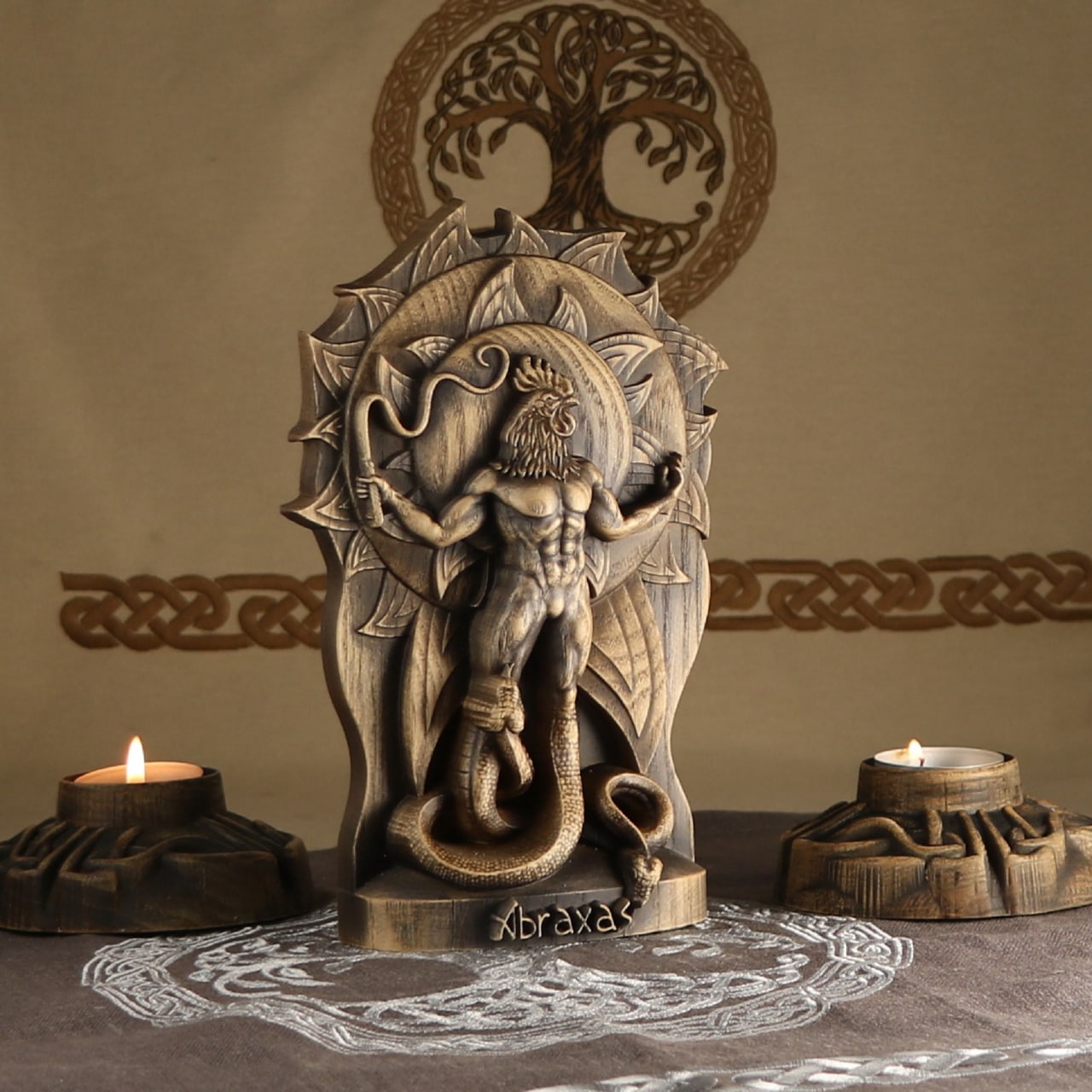 Wooden Abraxas Statue - Head of Heaven and Aeons