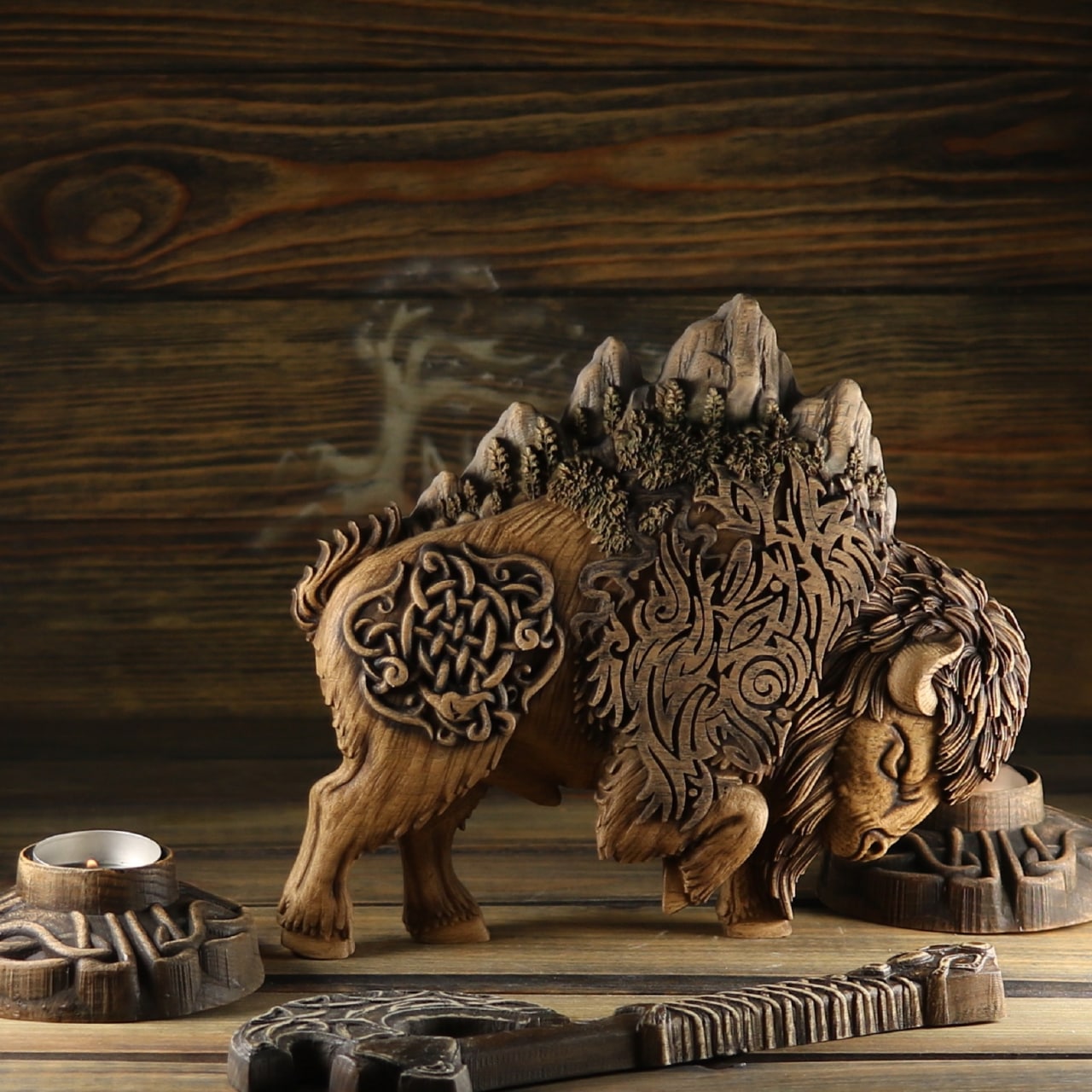 Buffalo, Bison figurine, wooden statue