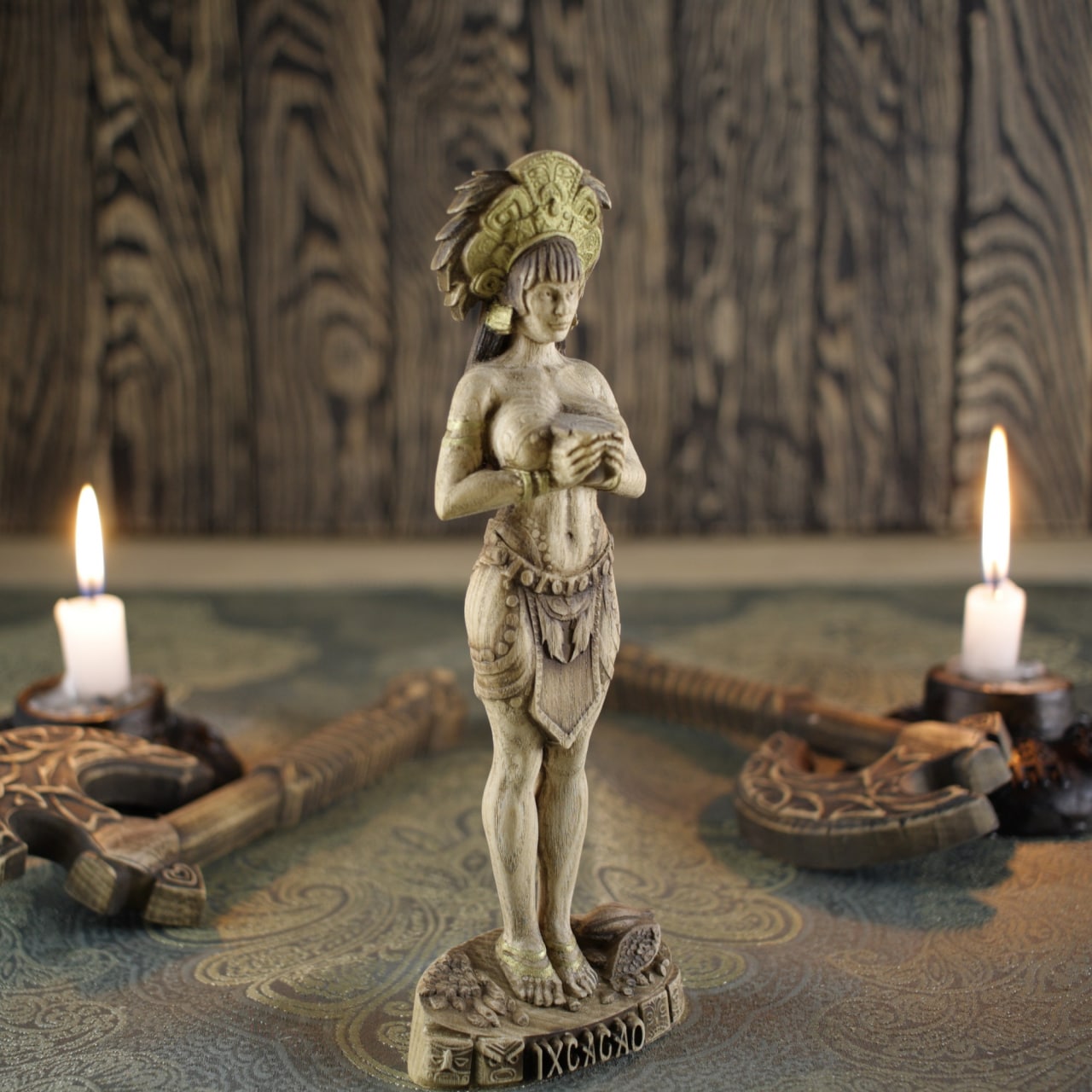 Wooden IxCacao Statue - Mayan Goddess Sculpture