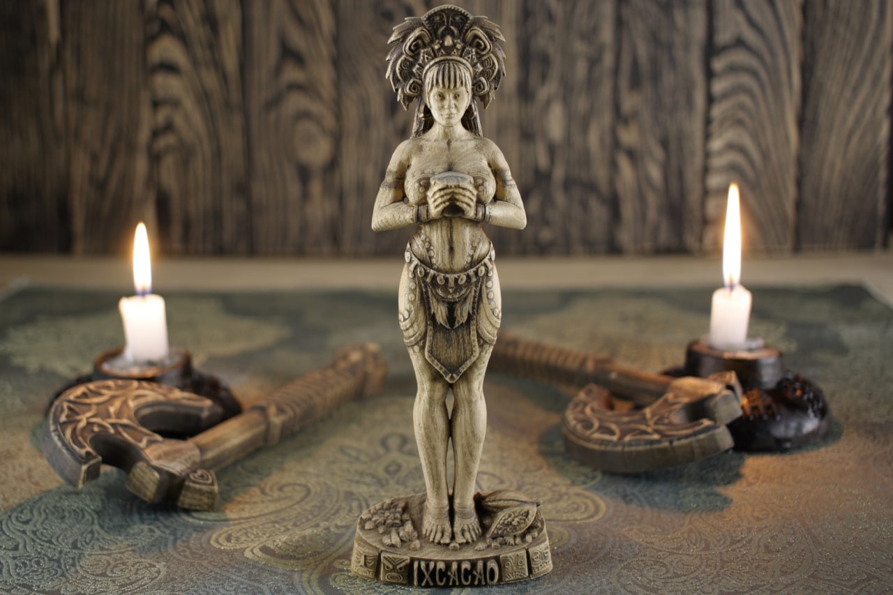 Wooden IxCacao Statue - Mayan Goddess Sculpture