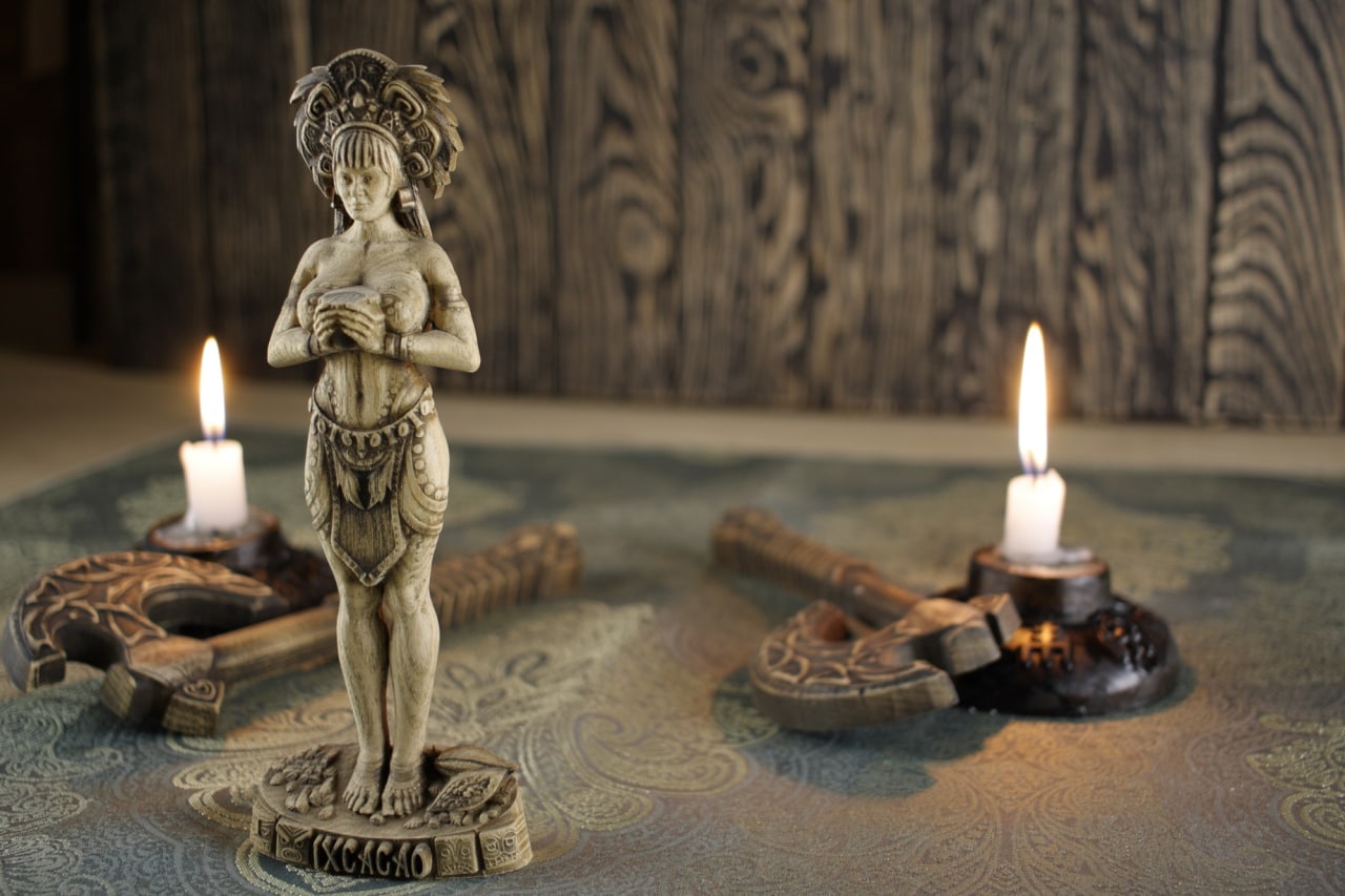 Wooden IxCacao Statue - Mayan Goddess Sculpture