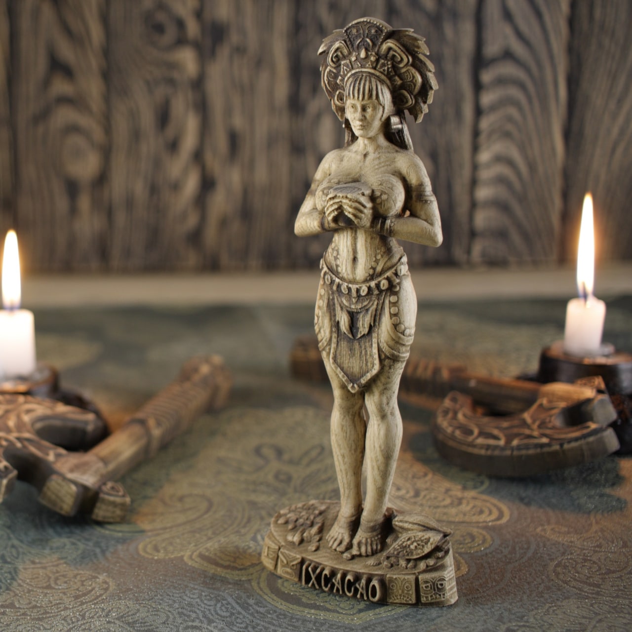 Wooden IxCacao Statue - Mayan Goddess Sculpture