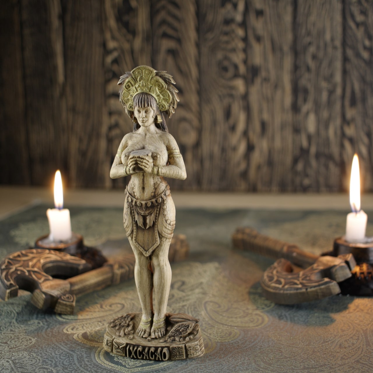 Wooden IxCacao Statue - Mayan Goddess Sculpture