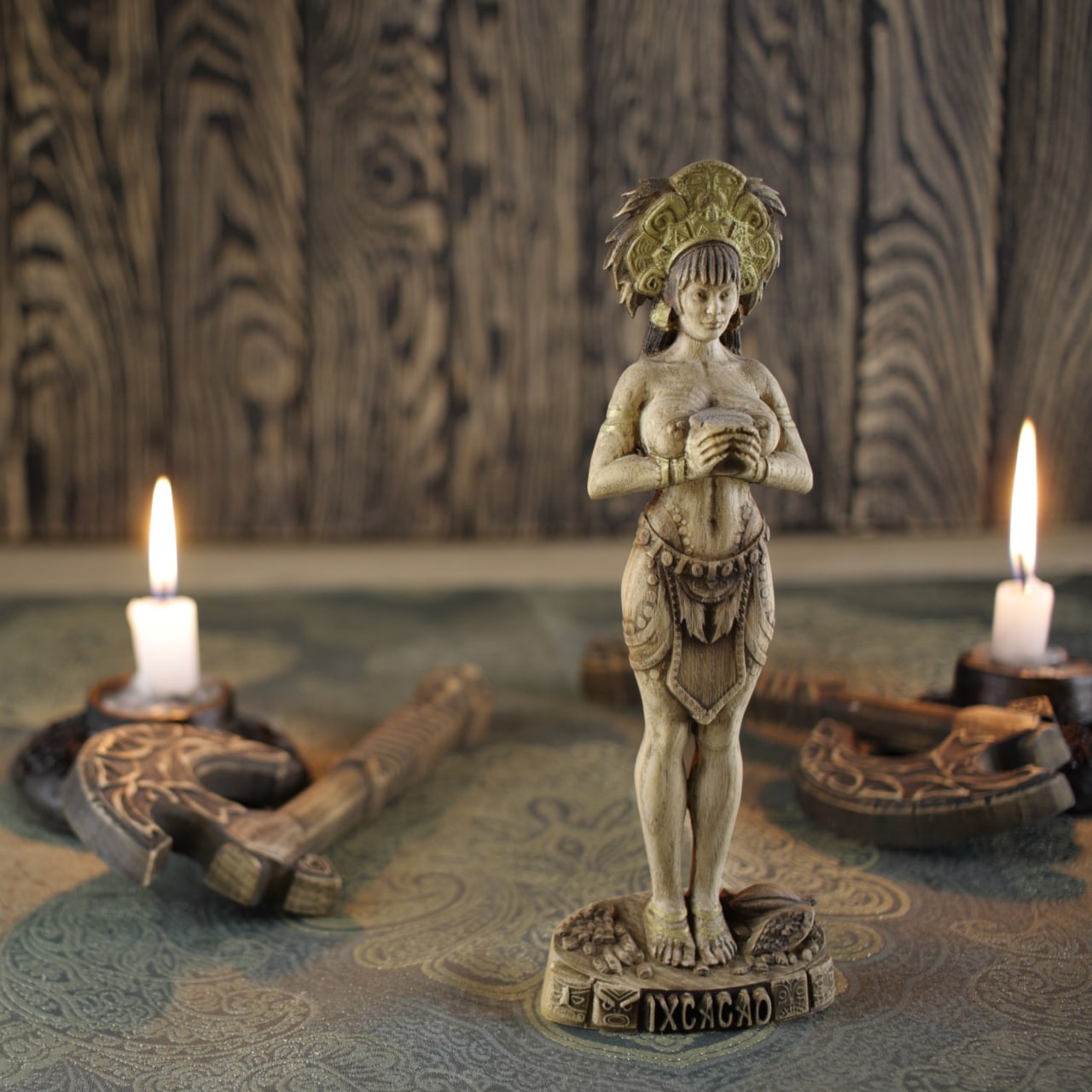 Wooden IxCacao Statue - Mayan Goddess Sculpture