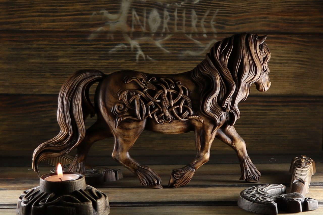 Horse, symbol of speed, wooden statue, Viking horse