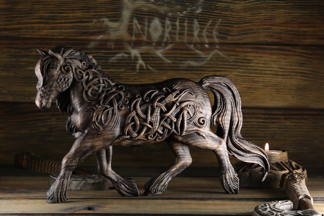Horse, symbol of speed, wooden statue, Viking horse