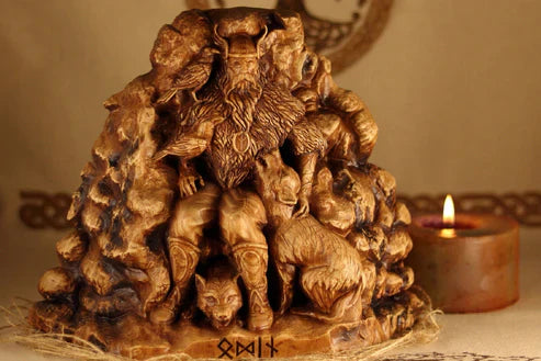"Detail of hand-carved wood grain on an Odin Allfather figurine, showing the authentic craftsmanship of Art Carving Shop.