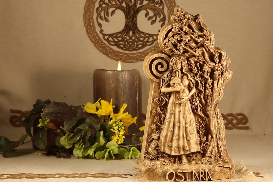 Hand-carved ash wood Ostara goddess statue for spring equinox pagan altar