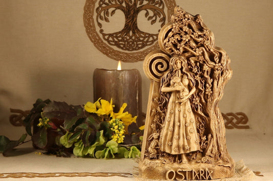 Hand-carved ash wood Ostara goddess statue for spring equinox pagan altar
