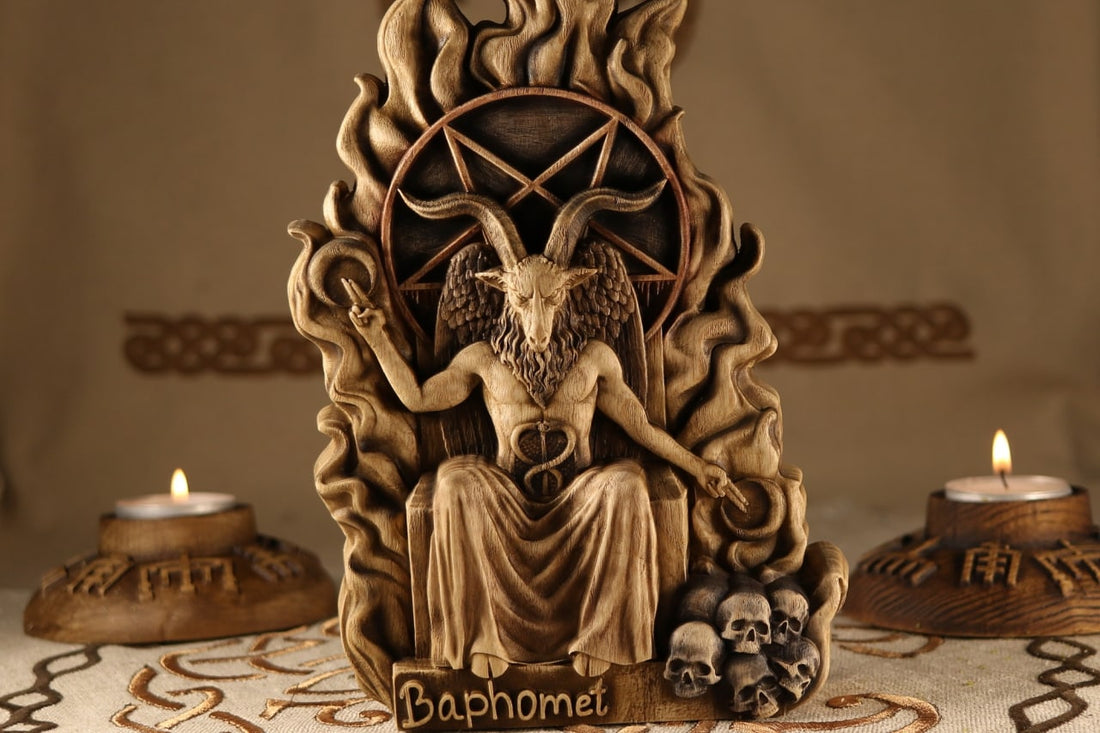 Baphomet Sabbatic Goat hand-carved ash wood occult statue — ArtCarving Shop
