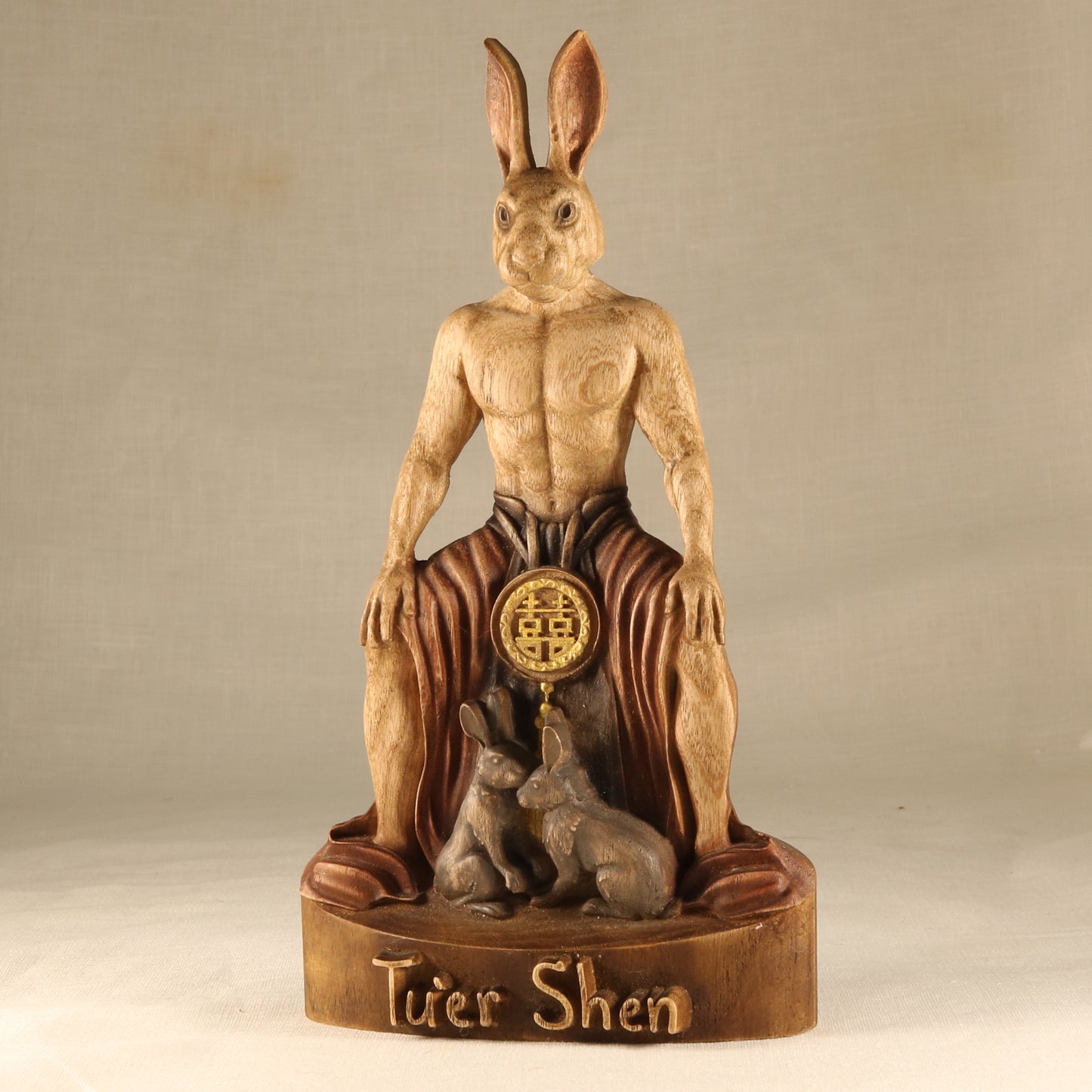 Tu'er Shen statue, Rabbit God, Chinese mythology, queer art, LGBT+ protector, carved wooden statue