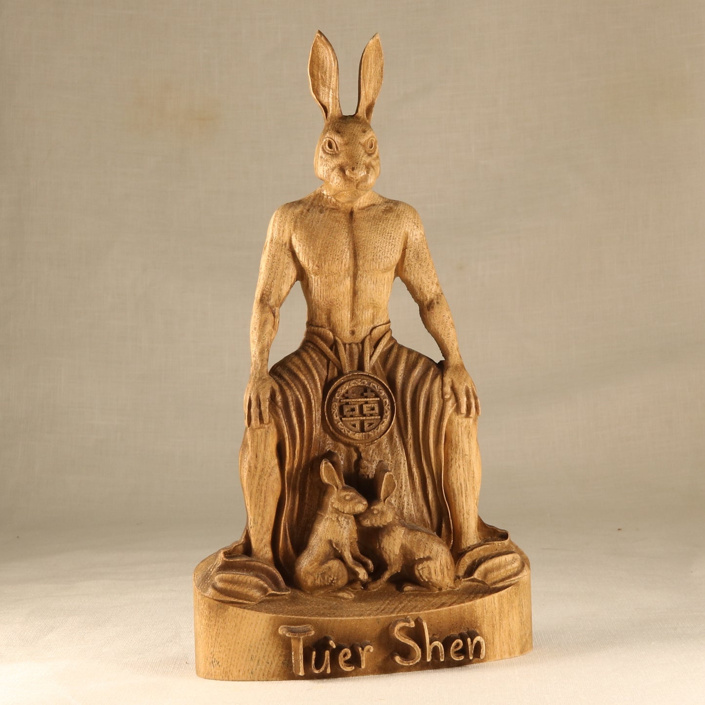 Tu'er Shen statue, Rabbit God, Chinese mythology, queer art, LGBT+ protector, carved wooden statue