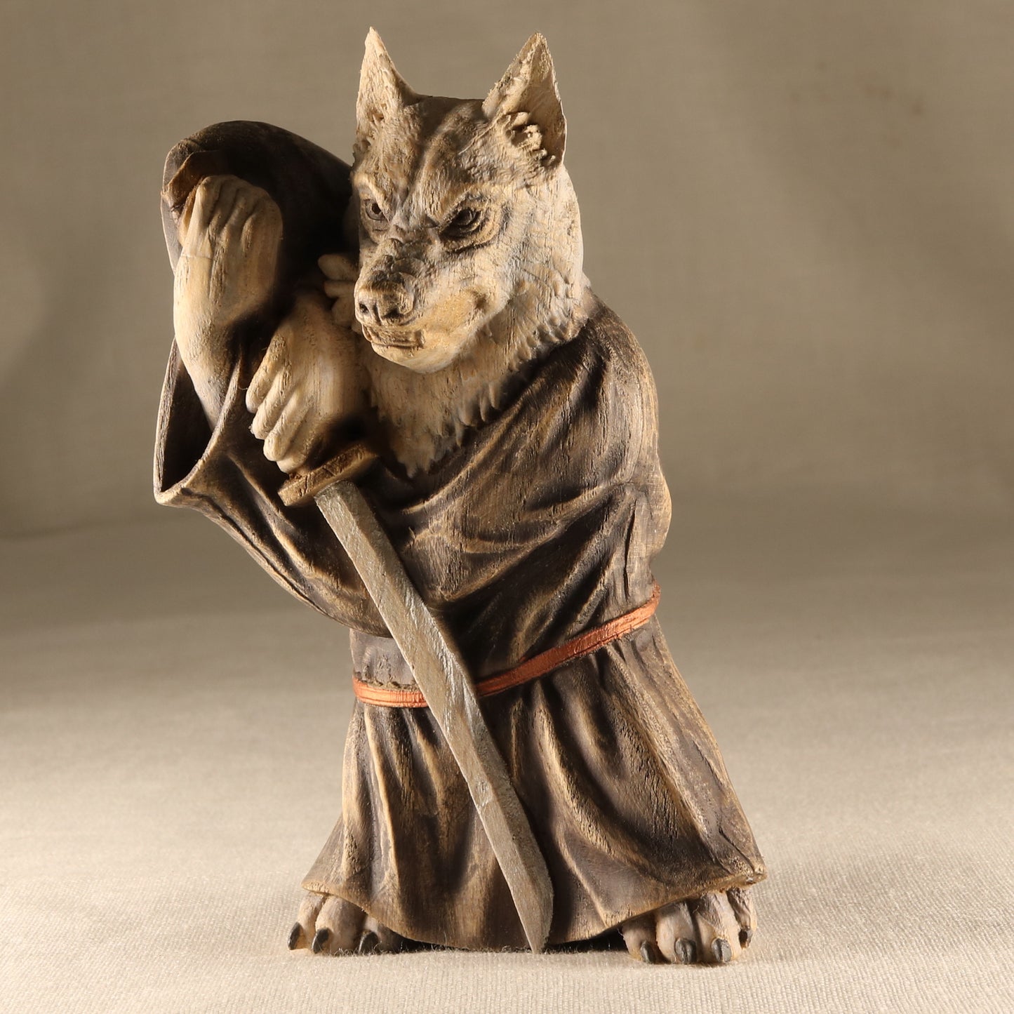 Exquisite Wood Akita Dog Samurai Sculpture