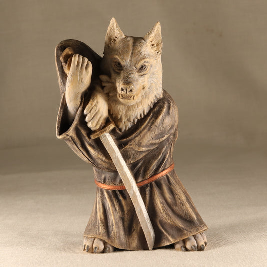 Exquisite Wood Akita Dog Samurai Sculpture