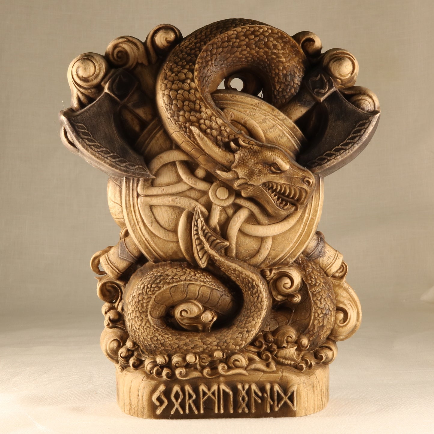 Dragon Jörmungandr, Norse pagan gods, Wooden wood carving