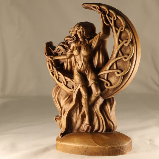 Wooden Goddess Statue with Triple Moon