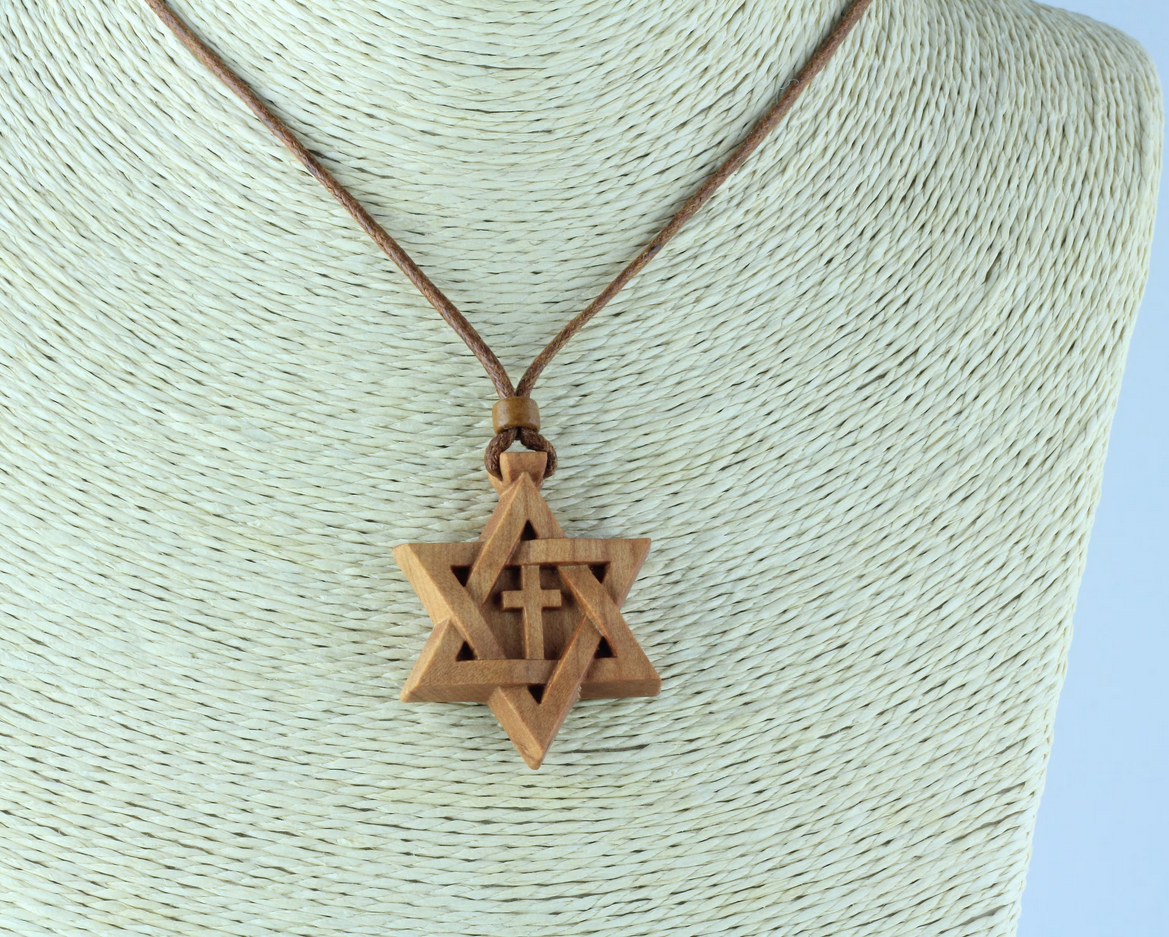 Messianic Star of David Necklace: Christian Cross Pendant in Cherry Wood