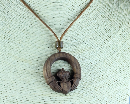 Claddagh Necklace: Exquisite Celtic Pendant Crafted from Walnut Wood