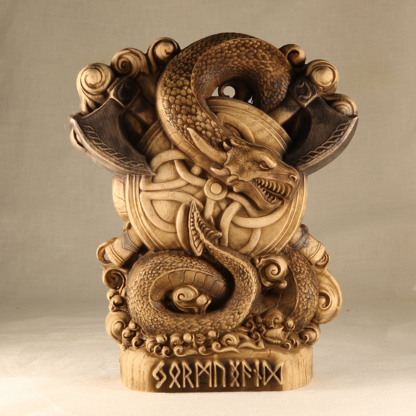 Dragon Jörmungandr, Norse pagan gods, Wooden wood carving