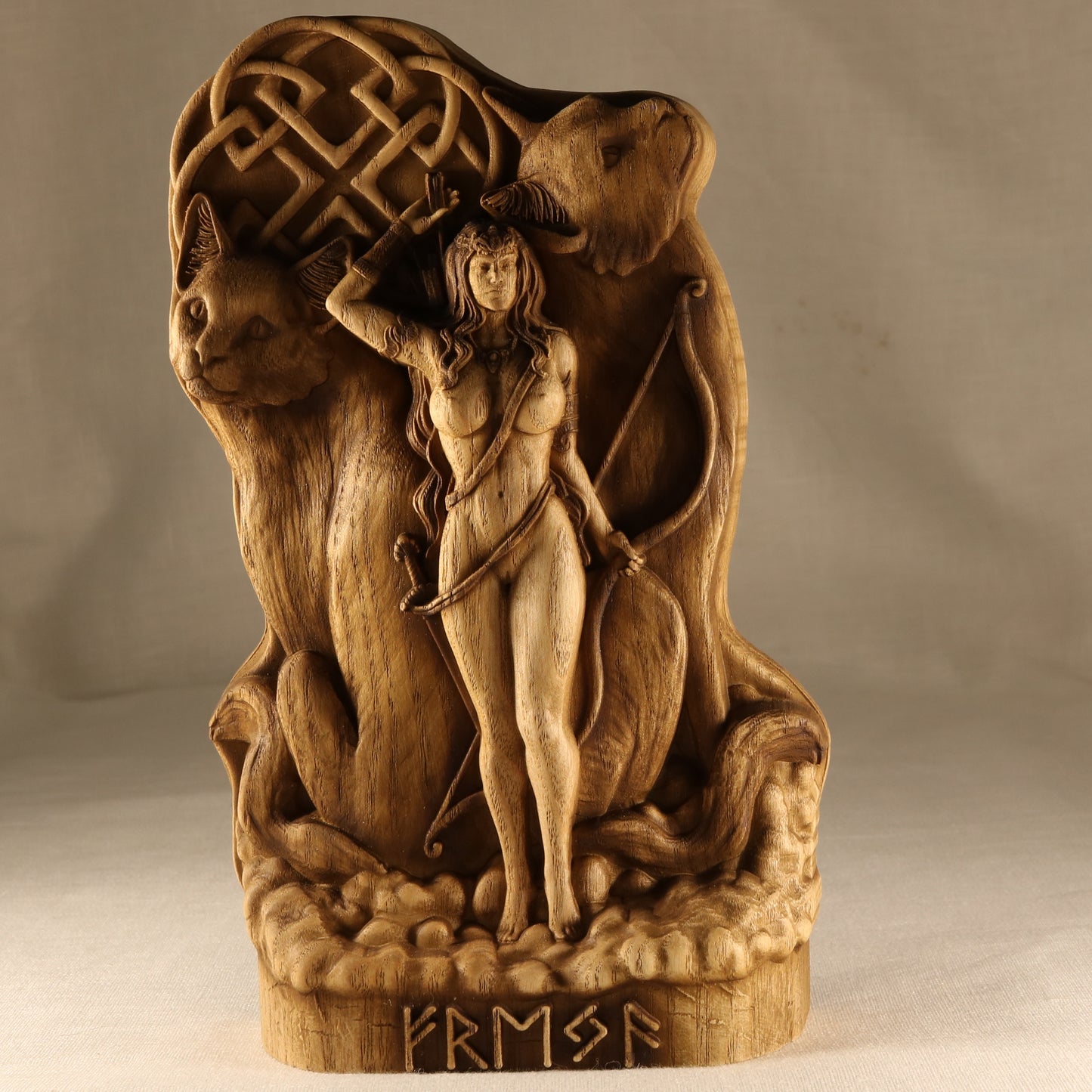 Freya and Cats Wooden Statue for Asatru Altar