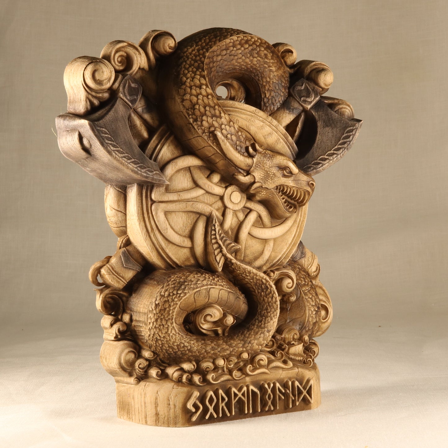 Dragon Jörmungandr, Norse pagan gods, Wooden wood carving