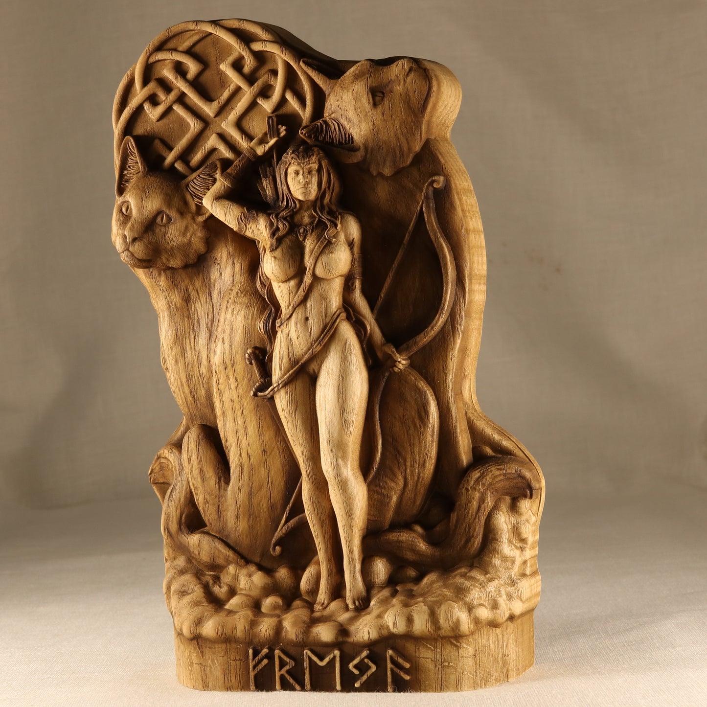 Freya and Cats Wooden Statue for Asatru Altar