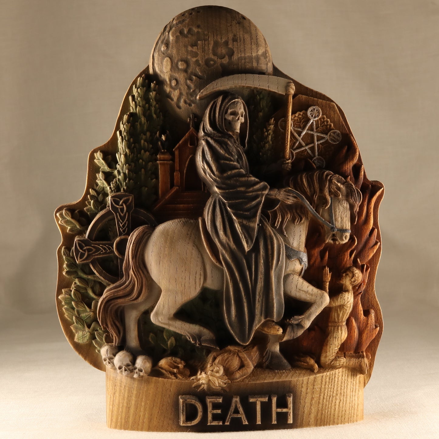 Death statue Grim reaper statue Aztec Santa muerte altar Occult decor Witchcraft Woodcarved