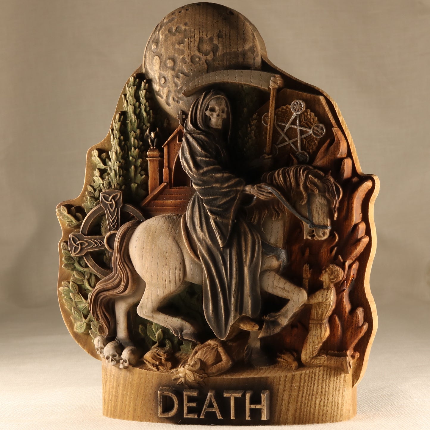 Death statue Grim reaper statue Aztec Santa muerte altar Occult decor Witchcraft Woodcarved