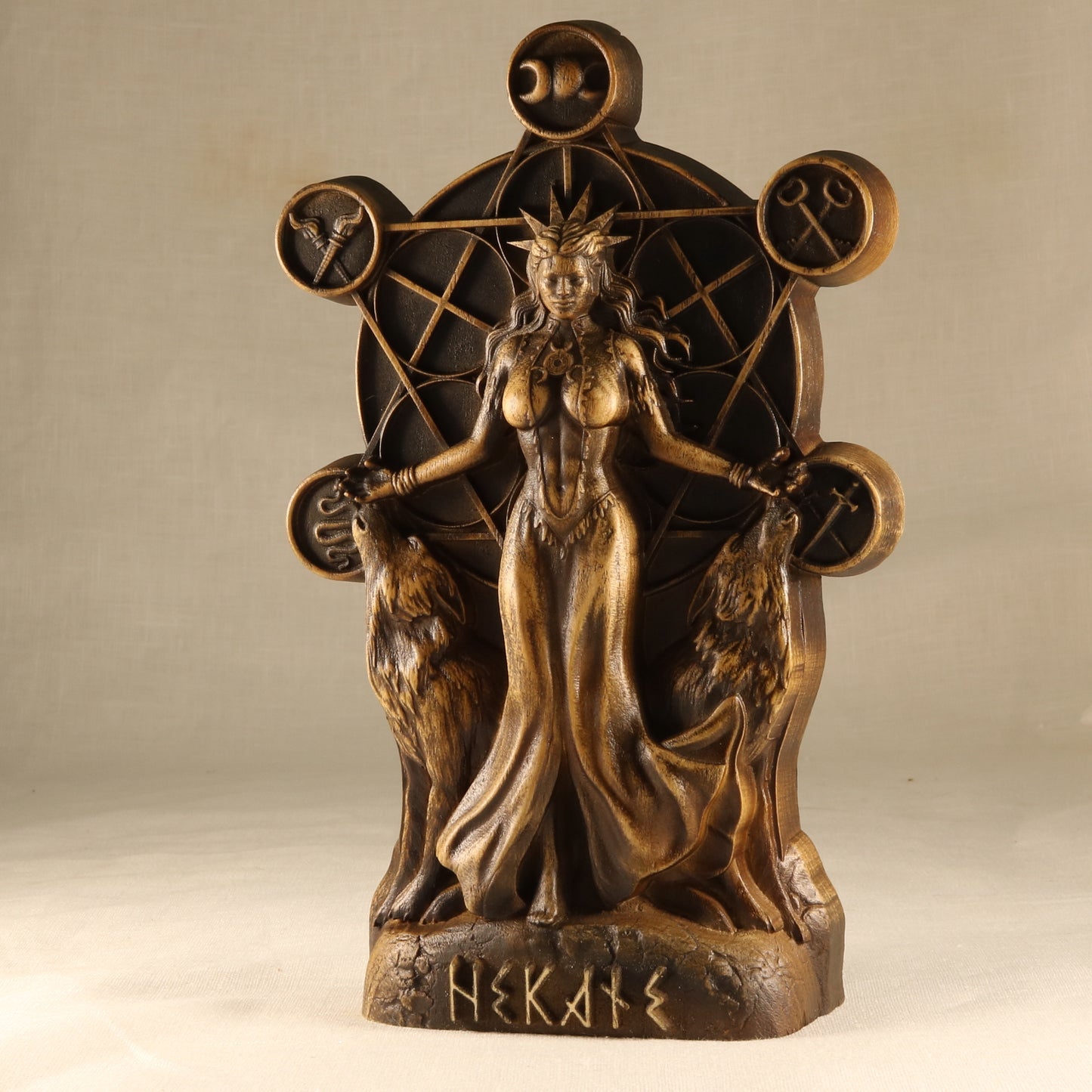 Wooden Hekate Statue - Triple Goddess Sculpture