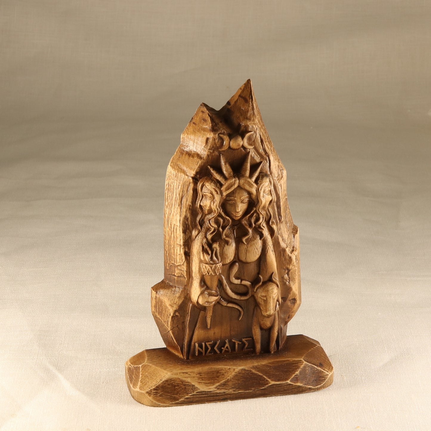 Hecate, Triple goddess statue mini altar, Wooden statue